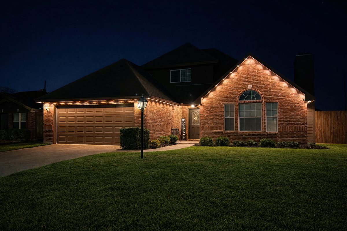 Permanent roofline LED lighting installed on brick home in Corpus Christi TX by LumaLight