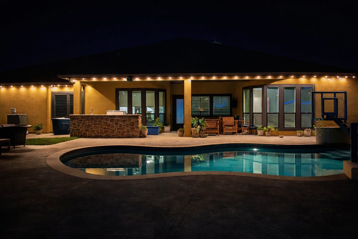 Permanent outdoor LED lighting installed on pool and patio in Corpus Christi TX by LumaLight