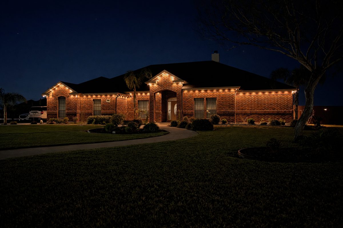 Warm white permanent roofline lighting year-round on brick home in Corpus Christi TX