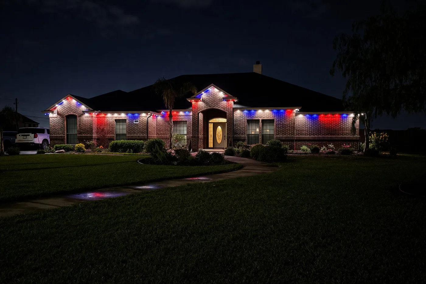 4th of July red white and blue permanent roofline lighting on home in Corpus Christi TX