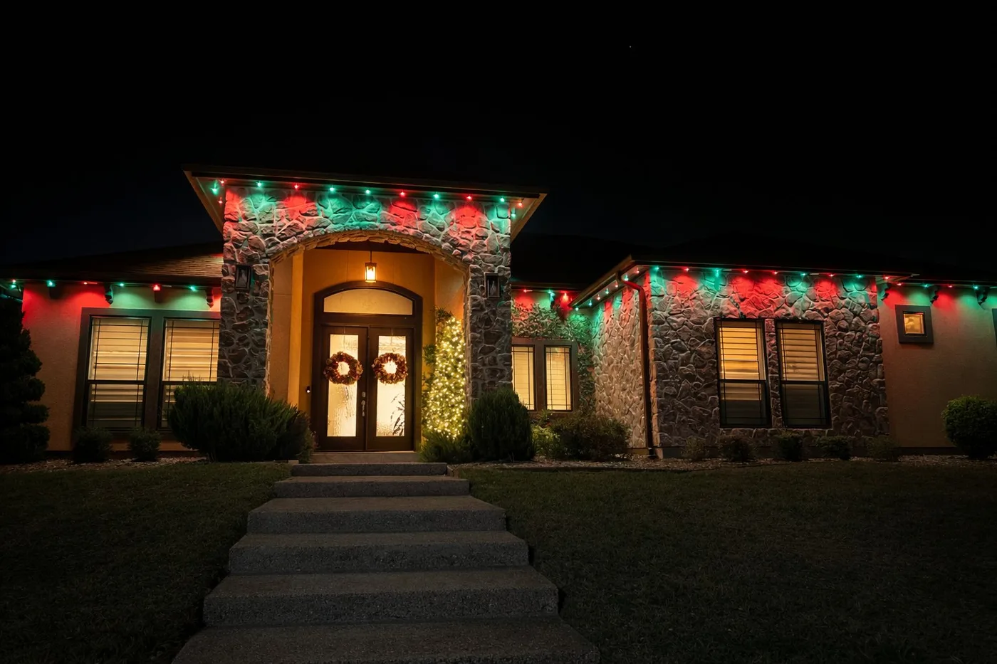 Permanent Christmas roofline lighting installed on stone home in Corpus Christi TX by LumaLight