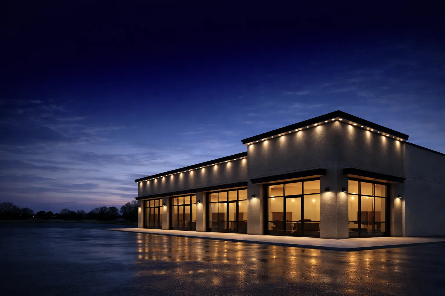 Permanent commercial roofline LED lighting installed on storefront in Corpus Christi TX by LumaLight